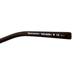 May include: Close-up of a dark brown eyeglass arm with the text "Specsavers 4001868+ M CE U-41" printed in white. The arm curves slightly and is set against a white background.