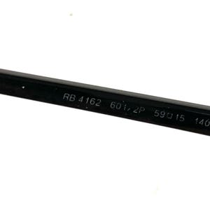 May include: Close-up of a black eyeglass arm with the text "RB 4162 601/2P 59口15 140 *3P". The arm is sleek and rectangular, with the text in white. The glasses are likely for vision correction or sun protection.