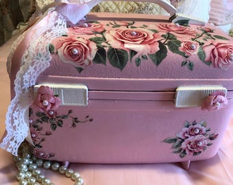 Vintage Rose Train Case, Vintage Train Case, Shabby Train Case, Victorian Train Case, Vintage Travel Luggage, Pink Rose Train Case