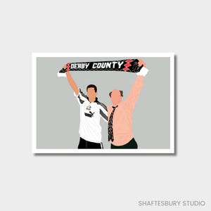 May include: Illustration of two figures holding a Derby County scarf aloft. One wears a black and white football shirt. The other is in a peach shirt and black tie. The scarf displays the words "DERBY COUNTY".