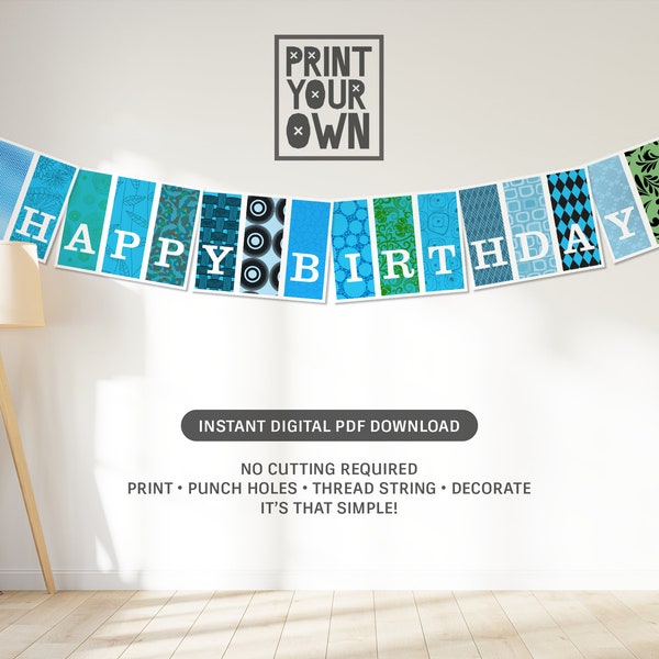 Feliz aniversário * Banner/bandeira azul para impressão * Download instantâneo