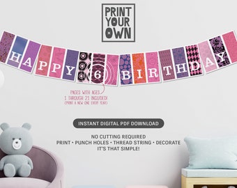 Happy 1st through 21st Birthday * Pink Printable Banner/Bunting * Instant Download