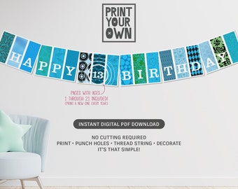 Happy 1st through 21st Birthday * Blue Printable Banner/Bunting * Instant Download