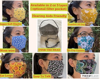 3D Face Mask W/ Nose Wire, NO FOG Glasses Mask, Filter Pocket, Kids/Adults, Super Soft Elastic, Over The Head FaceMasks, Made In USA.