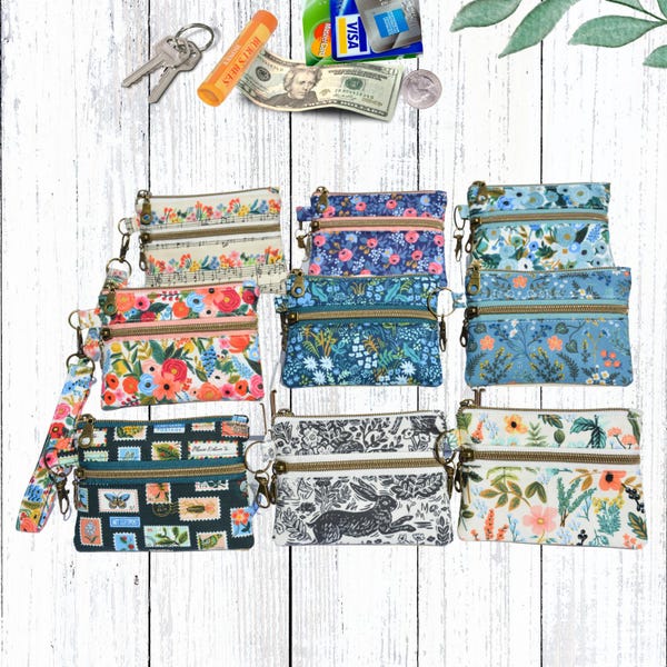 Small Double Zipper Pouch With Wristlet Add-on,Rifle Paper Co Zipper Pouch,Fabric Coin Purse,Gift For Her, Mothers Day Gift,Gift For Teacher
