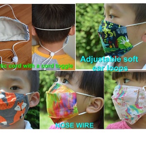 May include: A collage of images showing different features of a child-sized face mask. The mask is made of fabric with various colorful patterns. The mask has adjustable soft ear loops and a nose wire. The mask also has an elastic cord with a cord toggle.