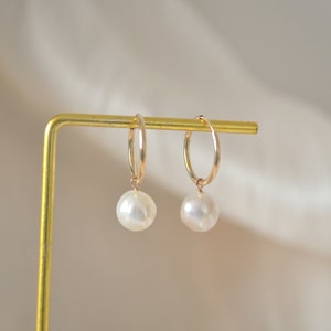 May include: A pair of gold hoop earrings with a single white pearl dangling from each hoop.