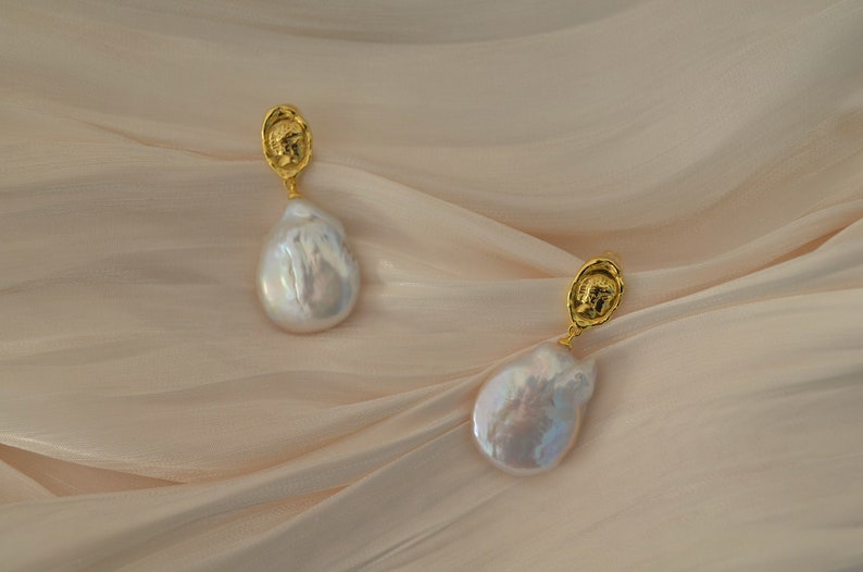 Large Baroque Gold Vermeil Dangle Earrings, Drop earrings, Handmade, chic earrings, gold vermeil, sterling silver baroque pearl image 4