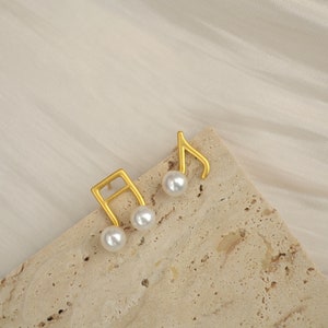 Matilda-Music Note Stud Earrings, Gold Vermeil Earrings, Mismatched Music Earrings, Minimalist Music Symbol Earrings, Pearl Stud Earrings