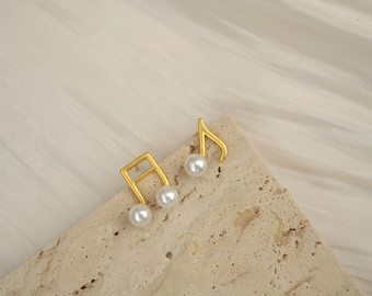 Matilda-Music Note Stud Earrings, Gold Vermeil Earrings, Mismatched Music Earrings, Minimalist Music Symbol Earrings, Pearl Stud Earrings