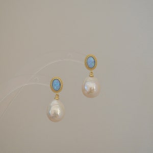 Blue Opal and Pearl Earrings, Gold Vermeil, Gold Plated on silver, vintage earrings, Statement Earrings, Pearl Drop Earrings (Stock in May)