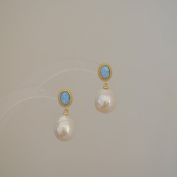 Blue Opal and Pearl Earrings, Gold Vermeil, Gold Plated on silver, vintage earrings, Statement Earrings, Pearl Drop Earrings (Stock in May)