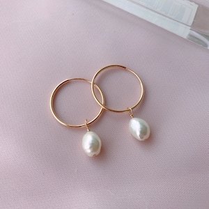 Pearl Hoop Earrings, minimalist earrings, 14k gold filled, two-way earring, gift for her, everyday earrings