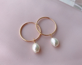 Pearl Hoop Earrings, minimalist earrings, 14k gold filled, two-way earring, gift for her, everyday earrings