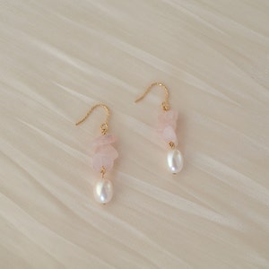 Rose Quartz Pearl Earrings, Pearl Drop Earrings,Dainty Earrings, Dangle Earrings, 14k Gold Filled, Gift for her image 1
