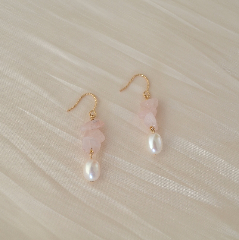 Rose Quartz Pearl Earrings, Pearl Drop Earrings,Dainty Earrings, Dangle Earrings, 14k Gold Filled, Gift for her image 1