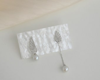 Angel-Mismatched Pearl Earrings, Asymmetric Pearl Earrings, Angel's wing Earrings, 925 Silver Earrings, Dangle Earrings, Gift for her