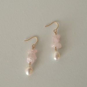 Rose Quartz Pearl Earrings, Pearl Drop Earrings,Dainty Earrings, Dangle Earrings, 14k Gold Filled, Gift for her image 2
