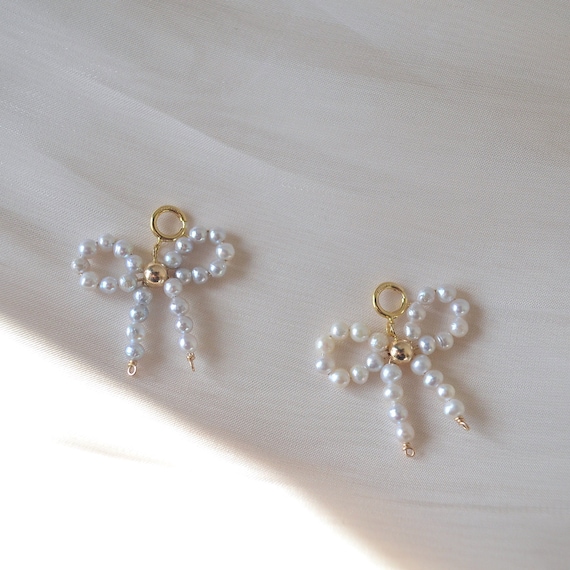 Pearl Bow Pendant, Pearl Bow Charm, gift for her, pearl necklace, pearl stud,14k goldfilled necklace, everyday wear