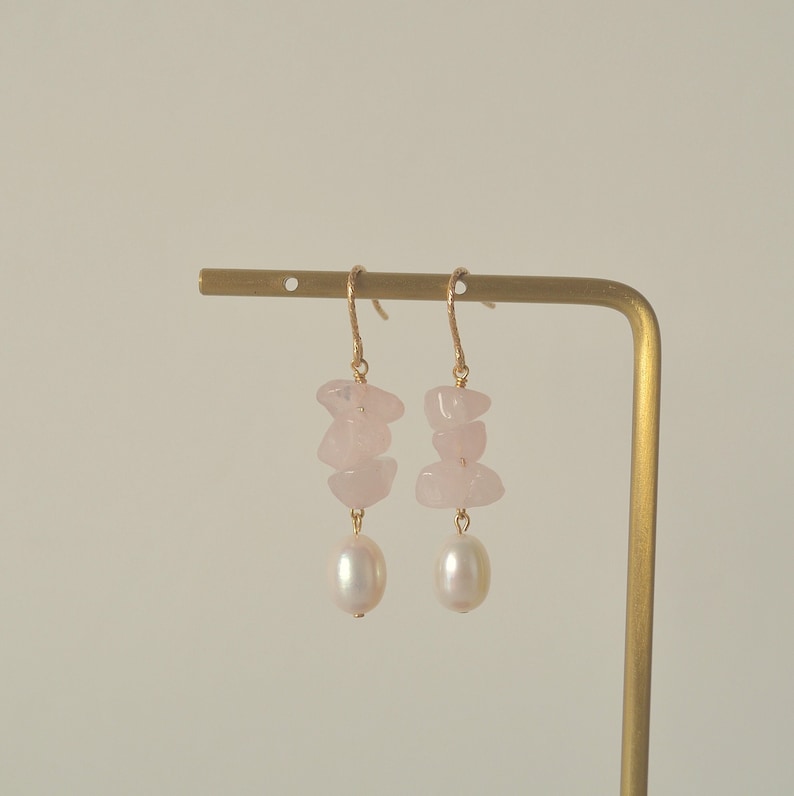 Rose Quartz Pearl Earrings, Pearl Drop Earrings,Dainty Earrings, Dangle Earrings, 14k Gold Filled, Gift for her image 3