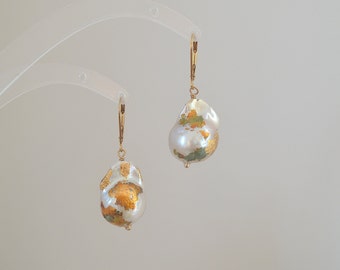 Large Baroque Pearl Earrings, Statement Earrings, Pearl Drop Earrings,Gold Leaf on Pearl, gift for her, rare earrings