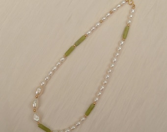 Jade-rijst parel en jade chocker, kralenketting, 14k gold filled, ketting voor elke dag, cadeau voor haar, parelketting,