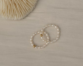 Ada-Small Pearl Ring,14K Gold Filled Bead, Freshwater Pearl,Stackable stretchy beaded, minimalist, gifts for her,boho ring