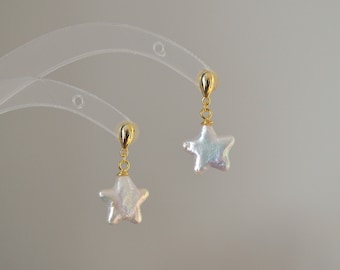 Star Shape Freshwater Pearl Drop Earrings, Gold Plated on Silver Earrings, Pearl Earrings, Dainty Earrings