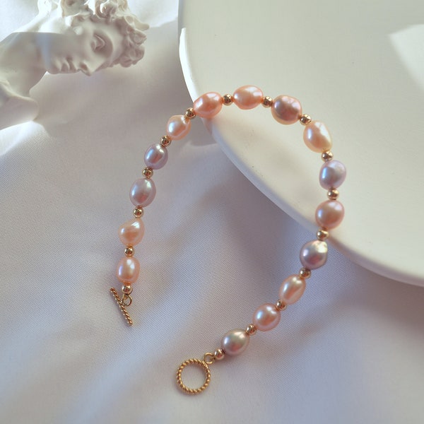 Freshwater Baroque Pearl Bracelet with Pink,Mauve, Peachy Colour pearls in 14k gold filled