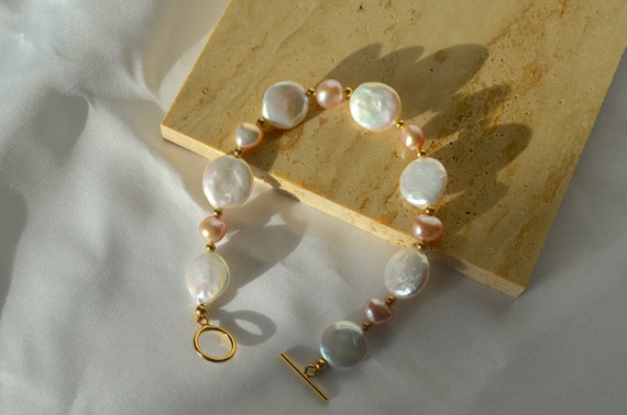 Bracciale Donna In Perle Barocche Irregolari, Stile Boho, Con Chiusura A Cuore Dorata, Regolabile