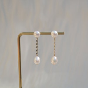 Lydia pearl dangle earrings, 14k Gold Filled Pearl Studs, Back Drop Earrings, Bridal Earrings, Two Way Pearl Earrings, Gift for Her