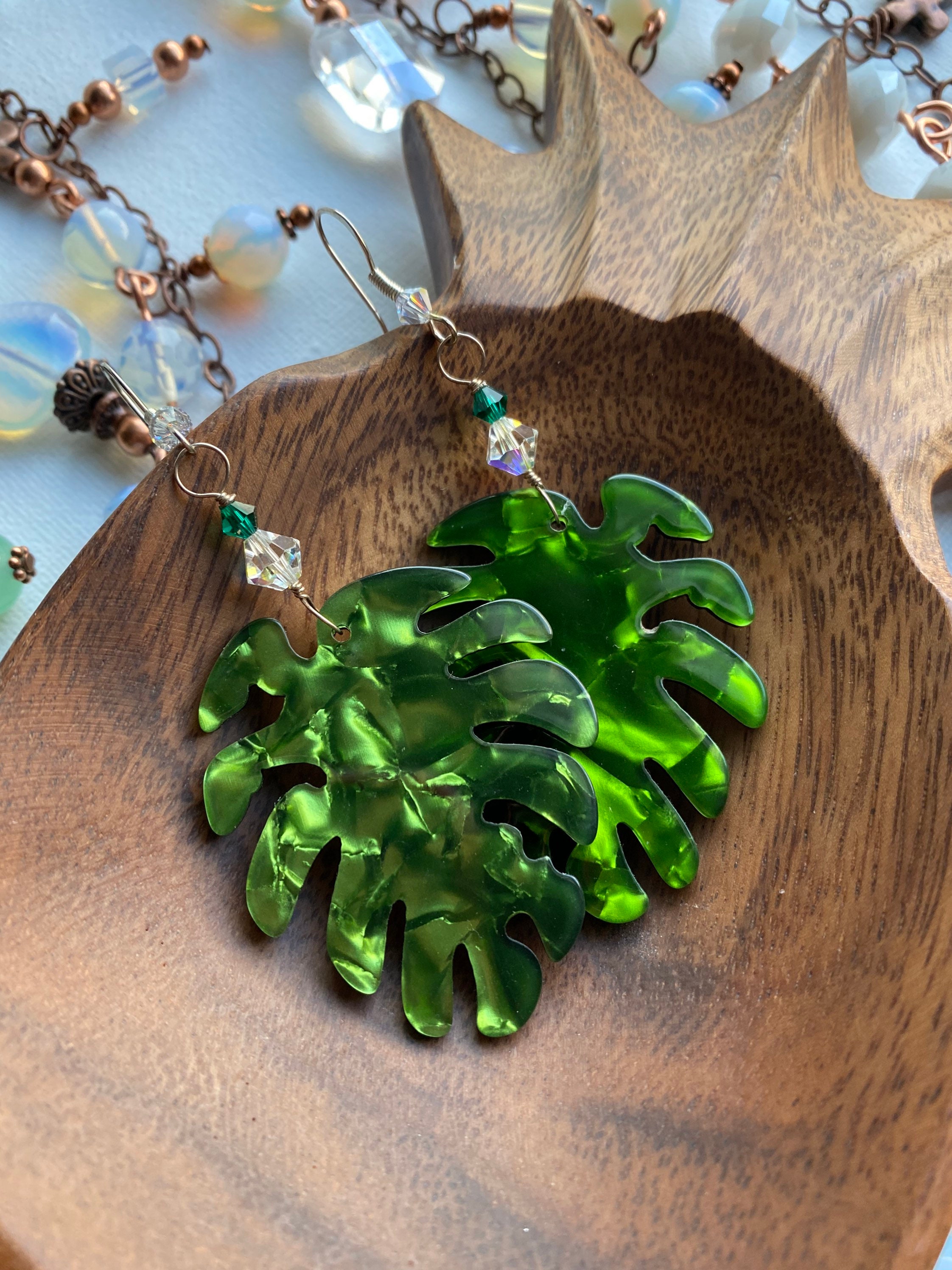 Green Monstera Leaf Sterling Silver Swarovski Crystal Statement