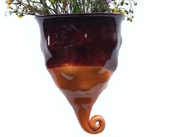 Hanging Flower Planter Pots, Ceramic Handmade decorative garden ornament, Burgundy-Orange