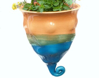 Hanging Flower Planter Pots, Ceramic Handmade decorative garden ornament, Orange-blue