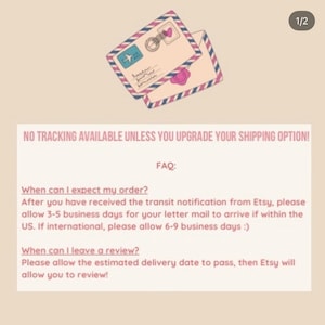 May include: Illustration of two envelopes with travel-themed stamps and a pink wax seal. Text on the image includes "NO TRACKING AVAILABLE UNLESS YOU UPGRADE YOUR SHIPPING OPTION!" and FAQ details about order expectations and reviews.