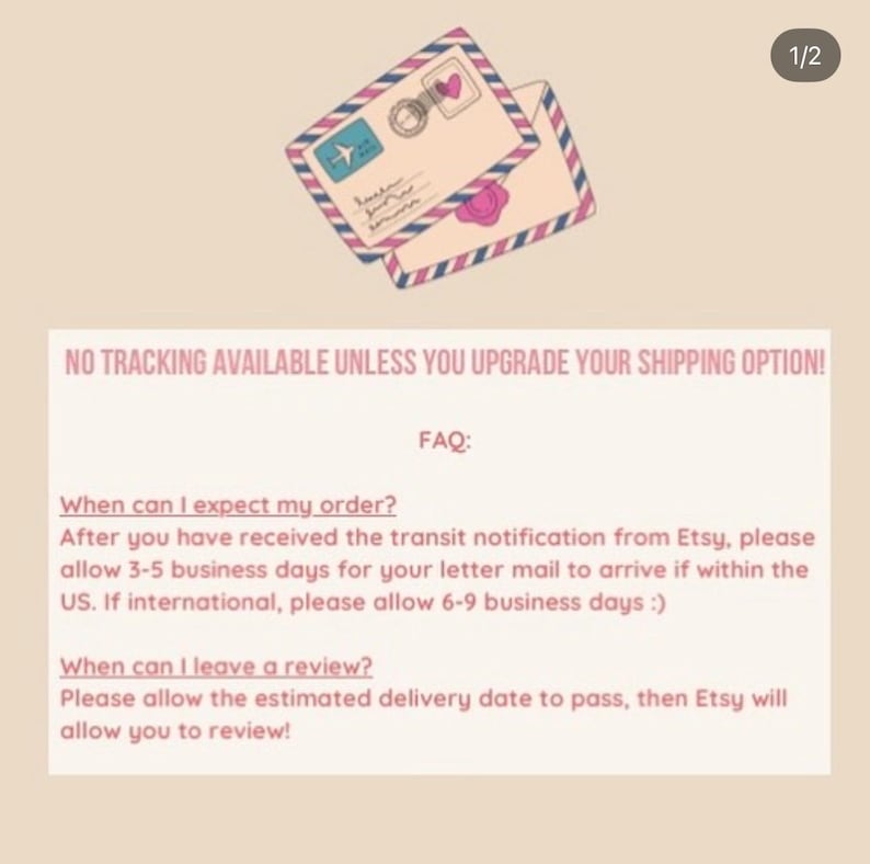 May include: Illustration of two envelopes with travel-themed stamps and a pink wax seal. Text on the image includes "NO TRACKING AVAILABLE UNLESS YOU UPGRADE YOUR SHIPPING OPTION!" and FAQ details about order expectations and reviews.