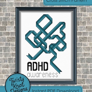 ADHD Awareness Ribbon cross stitch blackwork pattern PDF