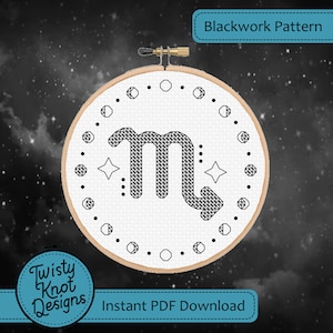 May include: Blackwork embroidery pattern of the Scorpio zodiac sign in a round hoop. The pattern features a geometric design with stars and crescent moons.
