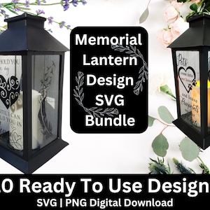May include: A set of 10 digital SVG designs for memorial lanterns. The designs feature various phrases and images, including a heart with swirls, paw prints, and a dog. The text on the designs includes "I'll hold you in my heart", "Pets come into our lives", and "Pawprints on our hearts".