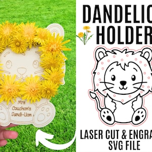 Peut inclure: Un porte-pissenlits en bois en forme de lion avec un visage de dessin animé mignon. Le porte-pissenlits est décoré d'un cercle de pissenlits jaunes autour de la tête. Le texte "Mrs. Couchon's Dandi-Lion" est gravé sur le fond. Fichier SVG découpé au laser et gravé.