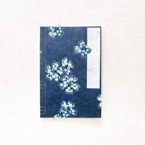 Handmade Japanese Inspired Bookbinding Journal Notebook. 6&quot;x9&quot;, Unlined, 50 Pages, Japanese Chiyogami Cover—Blue Geraniums on Indigo