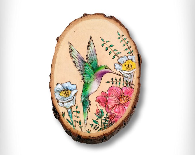 Hummingbird Flower Hand Painted Pyrography Wood Slice Art (6