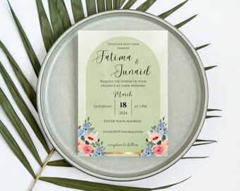 Sage minimal wedding invite, wedding invitation template, elegant wedding, spring wedding, editable template, floral wedding invitation