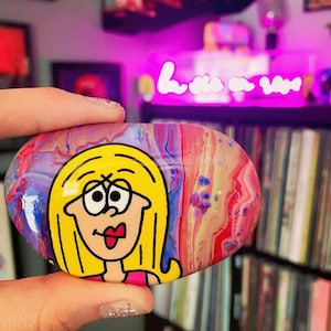 Lizzie McGuire over acrylic pour hand painted Colorado Skipper Stone | Stone Art| Rock Art | Painted Stone | Painted Rock