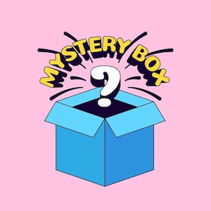 May include: A blue open box with a white question mark inside, set against a pink background. The words "MYSTERY BOX" are in yellow and black above the box, suggesting a surprise gift or product.