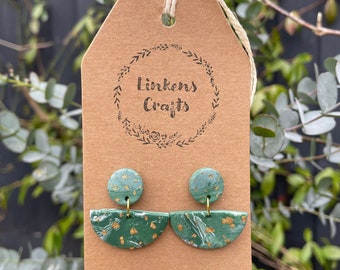 Emerald and Gold Leaf Danglies ~ Marbled Clay Earrings