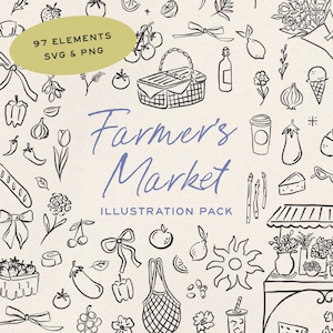 Farmer's Market grillige clipart SVG + png-bundel//esthetische illustraties en doodles voor bruiloft, vrijgezellenfeest, showeruitnodigingen