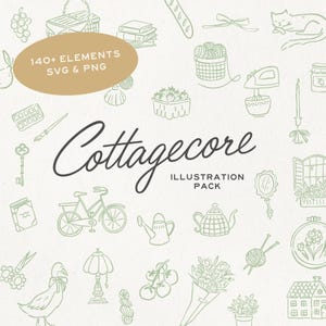 May include: An illustration pack with a cottagecore theme, featuring hand-drawn elements in green on a cream background. Includes images of a bicycle, teapot, cat, and text that reads "Cottagecore Illustration Pack" and "140+ Elements SVG & PNG".