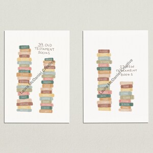 Könnte beinhalten: Zwei druckbare Poster mit Illustrationen von Bücherstapeln, die die 39 Bücher des Alten Testaments und die 27 Bücher des Neuen Testaments repräsentieren. Der Text "39 Old Testament Books" und "27 New Testament Books" ist auf jedem Poster enthalten.