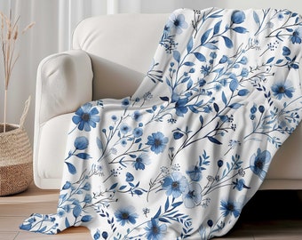 Botanical Blanket, Mother's Day Gift, Blue and White Floral Throw, Botanical Gift, Soft Cozy Throw Blankets, Cottagecore Decor